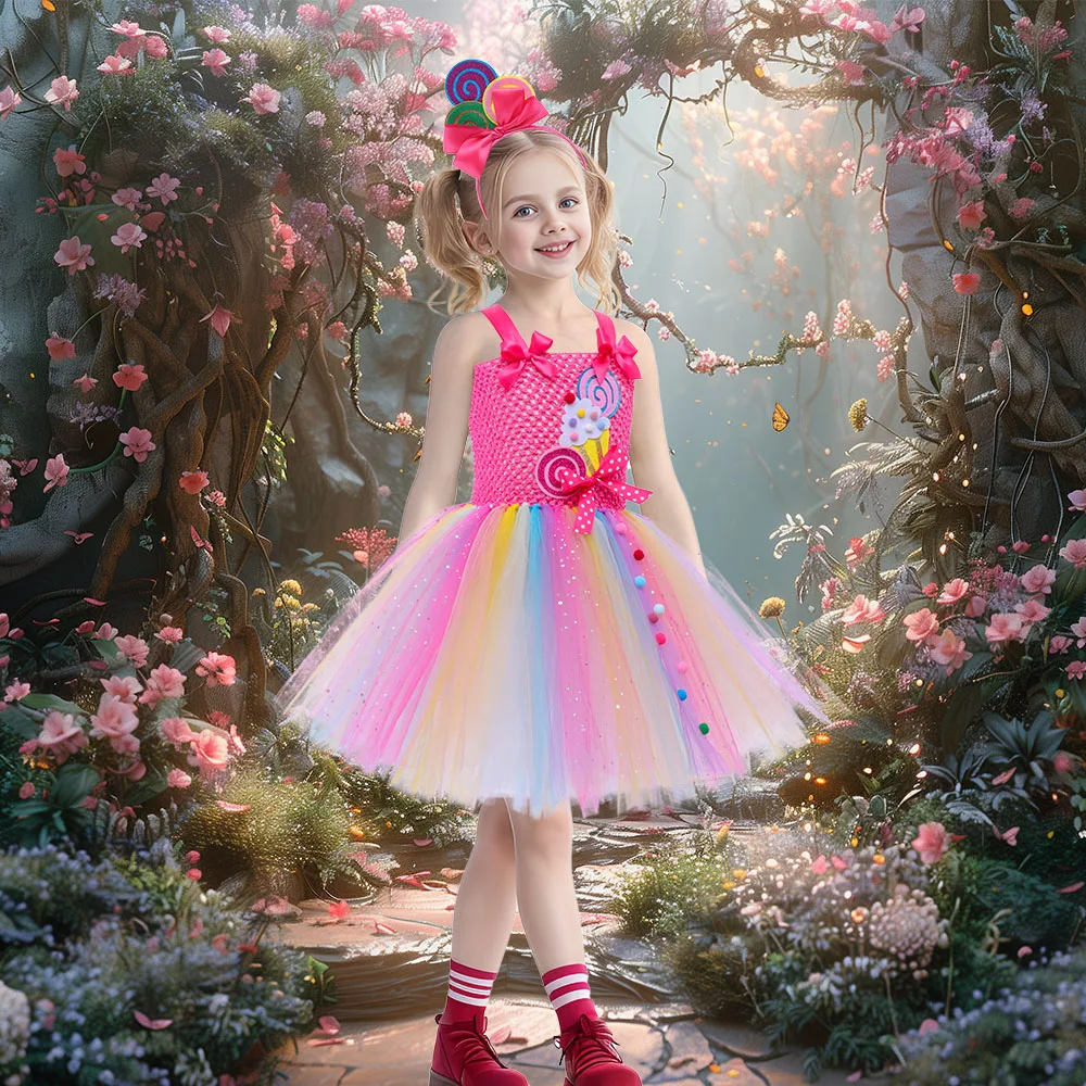 Latest Rainbow Tutu Dress for Girls Summer Tulle Dress Candyland Kids Cosplay Costume Party Dresses Baby Birthday Gifts