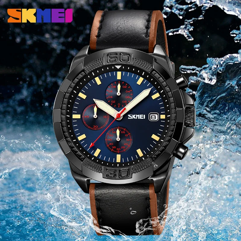 

SKMEI three-eye six-hand multifunction luminous quartz wristwatch, men's business outdoor waterproof watch