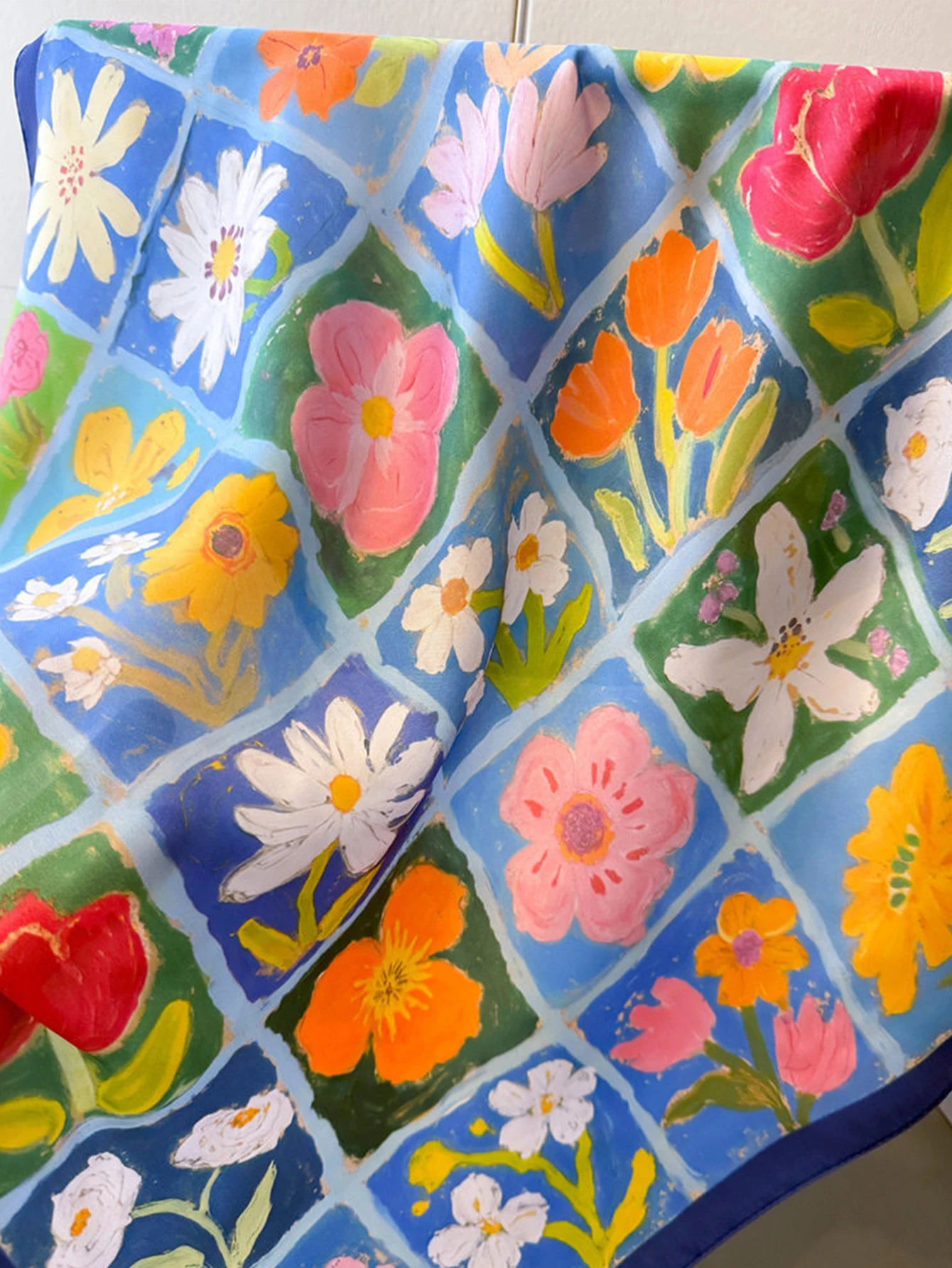 1pc piece imitation silk square scarf with fresh oil painting prints, multi-purpose as neck scarf, headband and shawl.