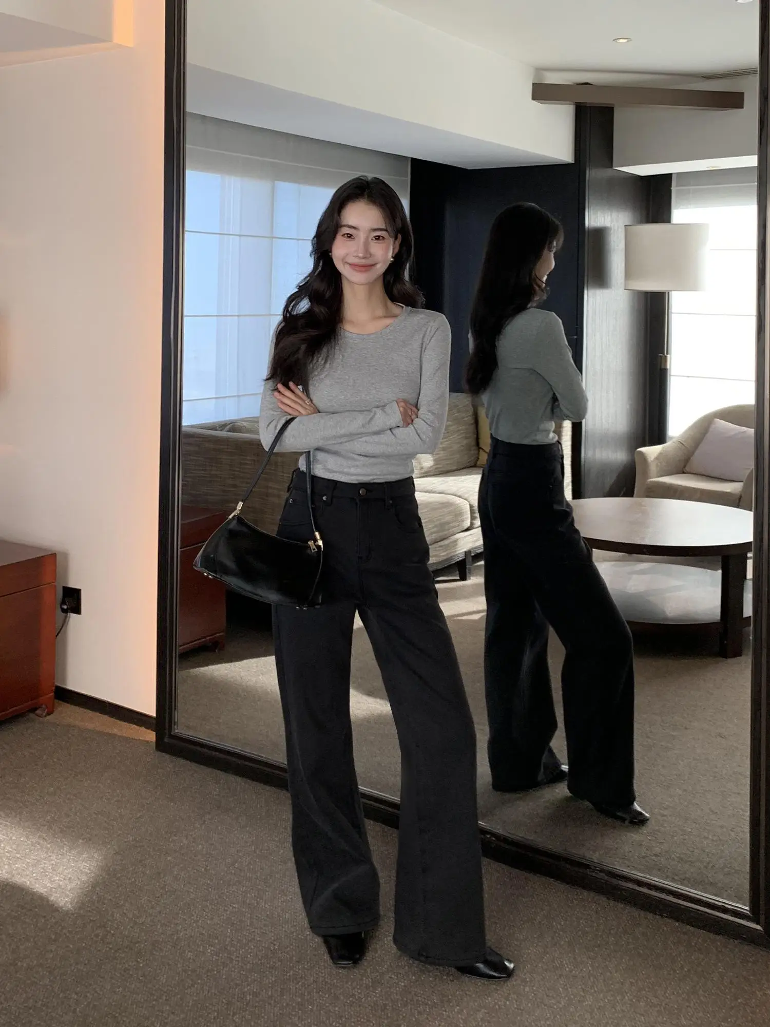 

Прямые джинсы на подкладке Bla Fce, женские универсальные широкие брюки свободного покроя, зимние повседневные брюки Pusumede PSKM22635-D