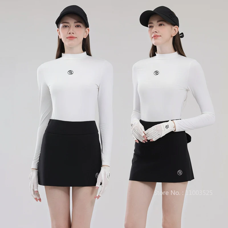 

PL Sunscreen Long Sleeve T-shirt Women's Round Neck Golf Tops Solid Slim Shirts Female Pleated Golf Pencil Skirt with Ball Bag