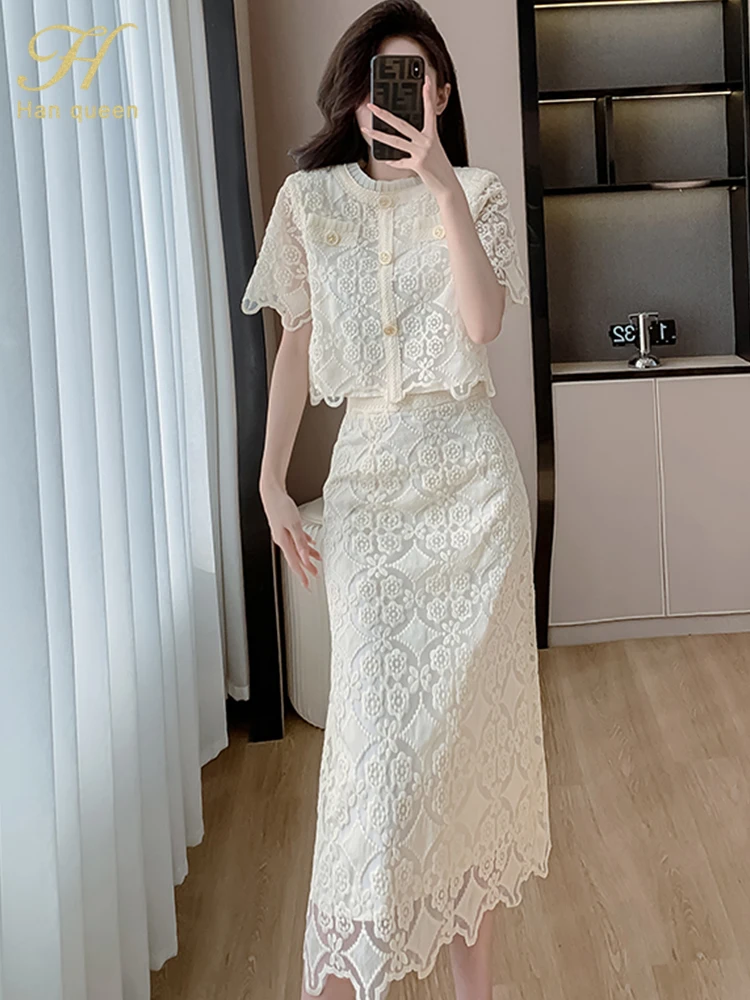 H Han Queen Summer Lace Skirt Suit Women Elegant Korean Fashion Short Sleeve Top + Midi Skirt Casual Evening Party 2-Piece Set