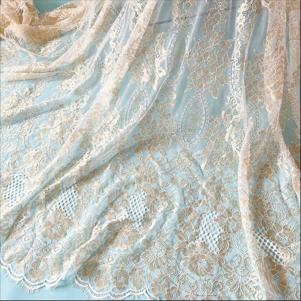 Gold 1.5meter Wide, 3meters Length French Chantilly Lace Fabric Exquisite Wedding Gown