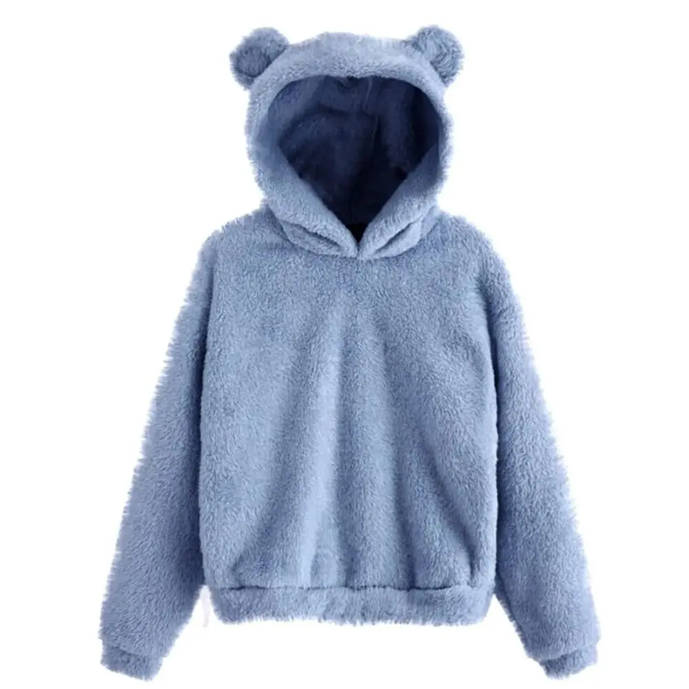 

Streetwear Long Sleeve Bear Ear Hoodies Outwear Solid Color Hoodies Pullover Clothes Fuzzy Fleece Sweatshirt Autumn