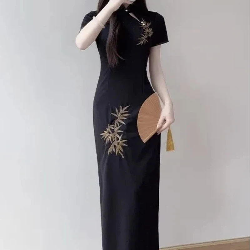 

Black Embroidered Cheongsam Improved New Chinese Temperament High-end 2026 Summer Long Cheongsam Dress