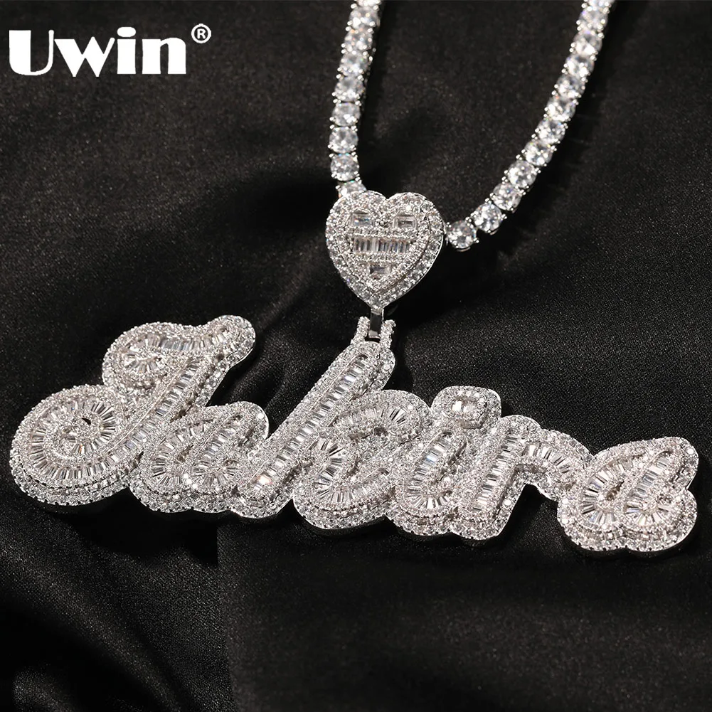 

UWIN Cursive Brush Baguettecz Custom Name Necklaces Letters & Pendant Bling Cubic Zircon For Men Women Jewelry with Solid Back