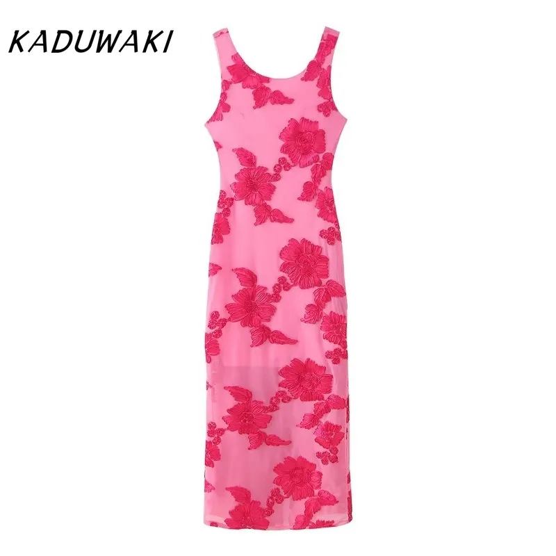 KADUWAKI Elegant 3d Flower Party Long Dresses Slim O-neck Sleeveless Backless Hip Package Split Gown Summer Mesh Evening Robe