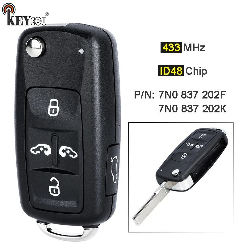 KEYECU 434MHz ID48 Chip 7N0 837 202 К / 7N0 837 202 F 5 Button Flip Remote Key Fob for VW Volkswangen Multivan Sharan 2011-2016