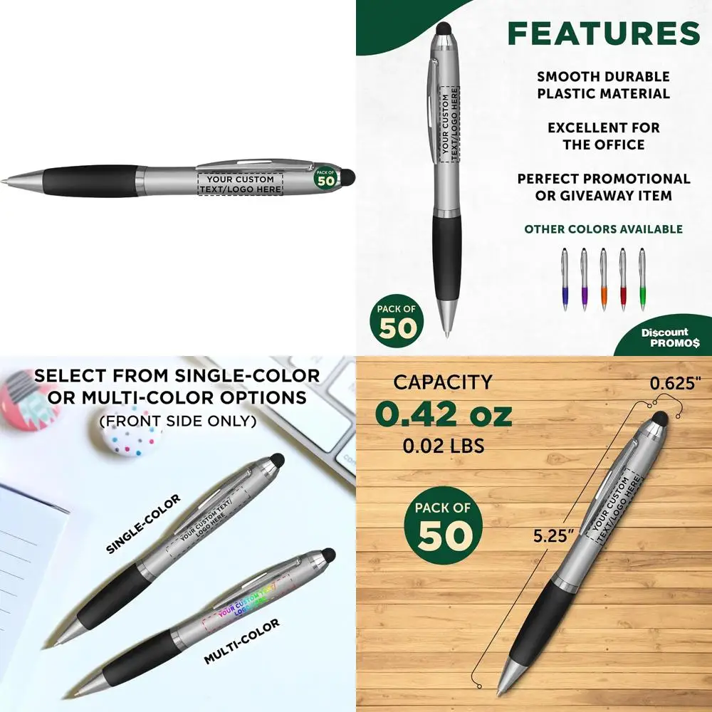 

Набор шариковых ручек на заказ из 50 шт. со стилусом — персонализированные, черные чернила, идеально подходят для офиса, школы, бизнеса