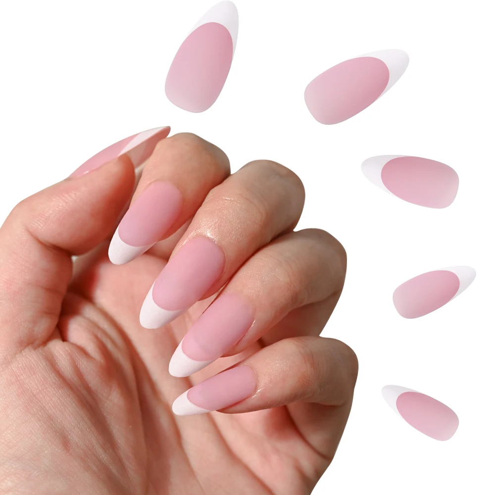 Faux ongles français en amande, 120 pièces, mat, Nude/rose, à pression, Design à bord blanc, couverture complète du bout des doigts pour Chic Girl Lady