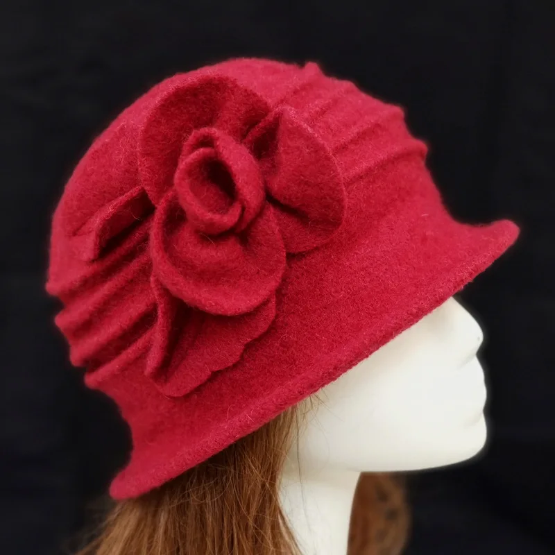 Sombrero de lana 100% de flores para mujer, sombrero suave de mediana edad, estilo europeo, cúpula de fieltro, pensamiento momia, otoño e invierno,