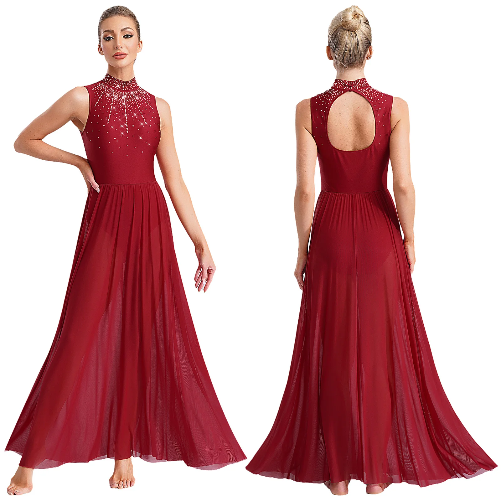 

Contemporary Modern Dance Costume for Womens Sleeveless Lyrical Dance Dresses Cutout Back Wide Hemline Shiny Rhinestones Dresses