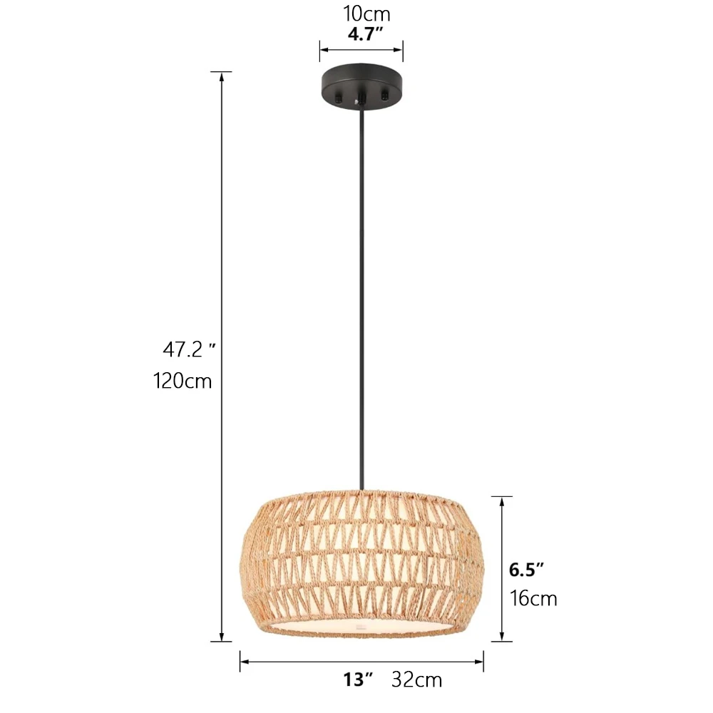 Boho Wicker Pendant Light Natual Hemp Rope Drum Ceiling Lamp Light Fixture LED Chandeliers for Dining Room Living Room Resturant