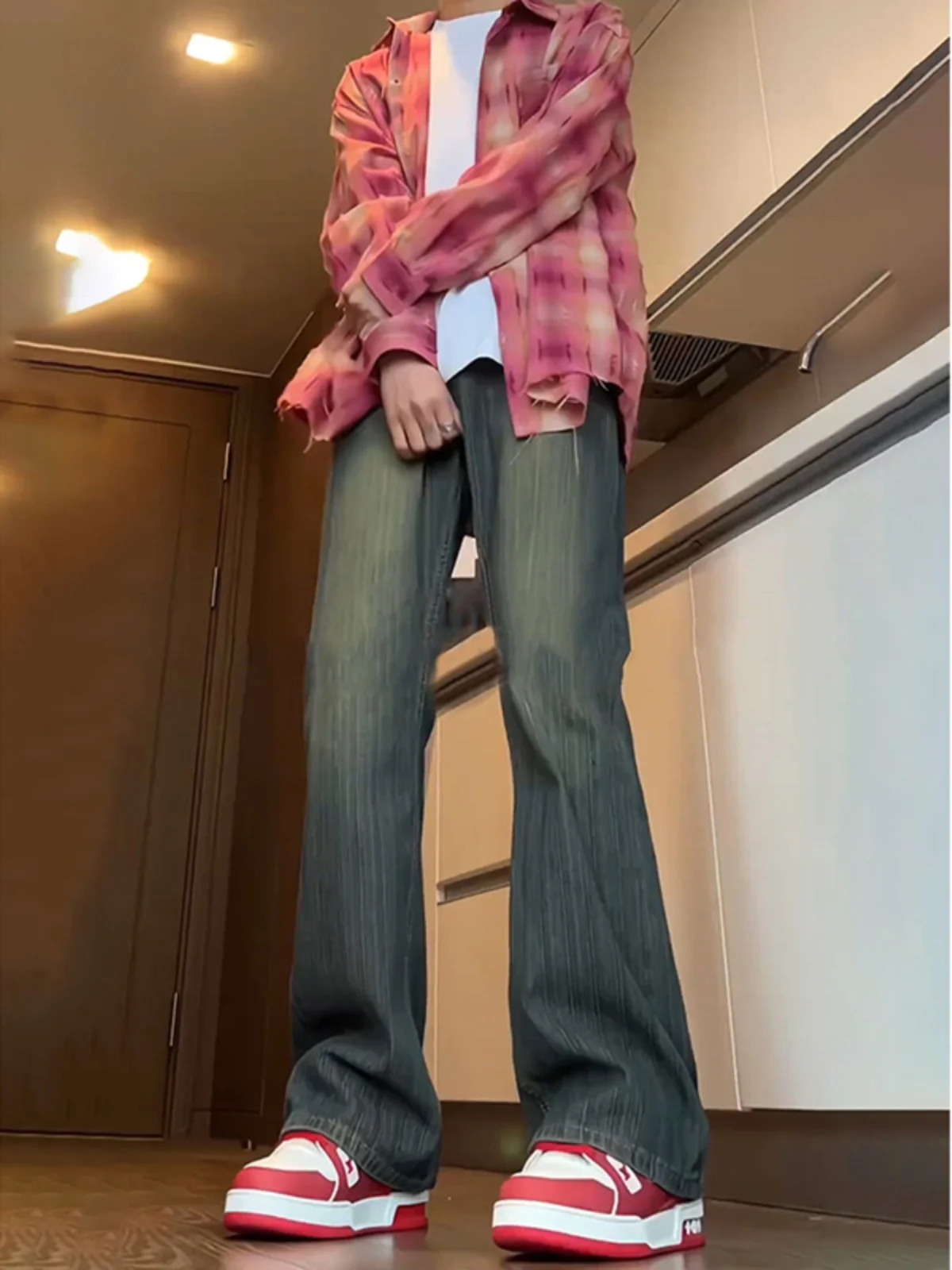 

American High Street Vibe Men's Trendy Brand Haome Street Bamboo Fiber Straight Loose High Waist Bell Bot Jeans