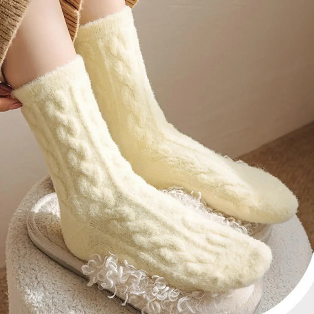 Women Mid-calf Socks Cozy Plush Women's Mid-tube Socks for Winter Soft Warm Solid Color Knitted Socks with Anti-slip for Casual