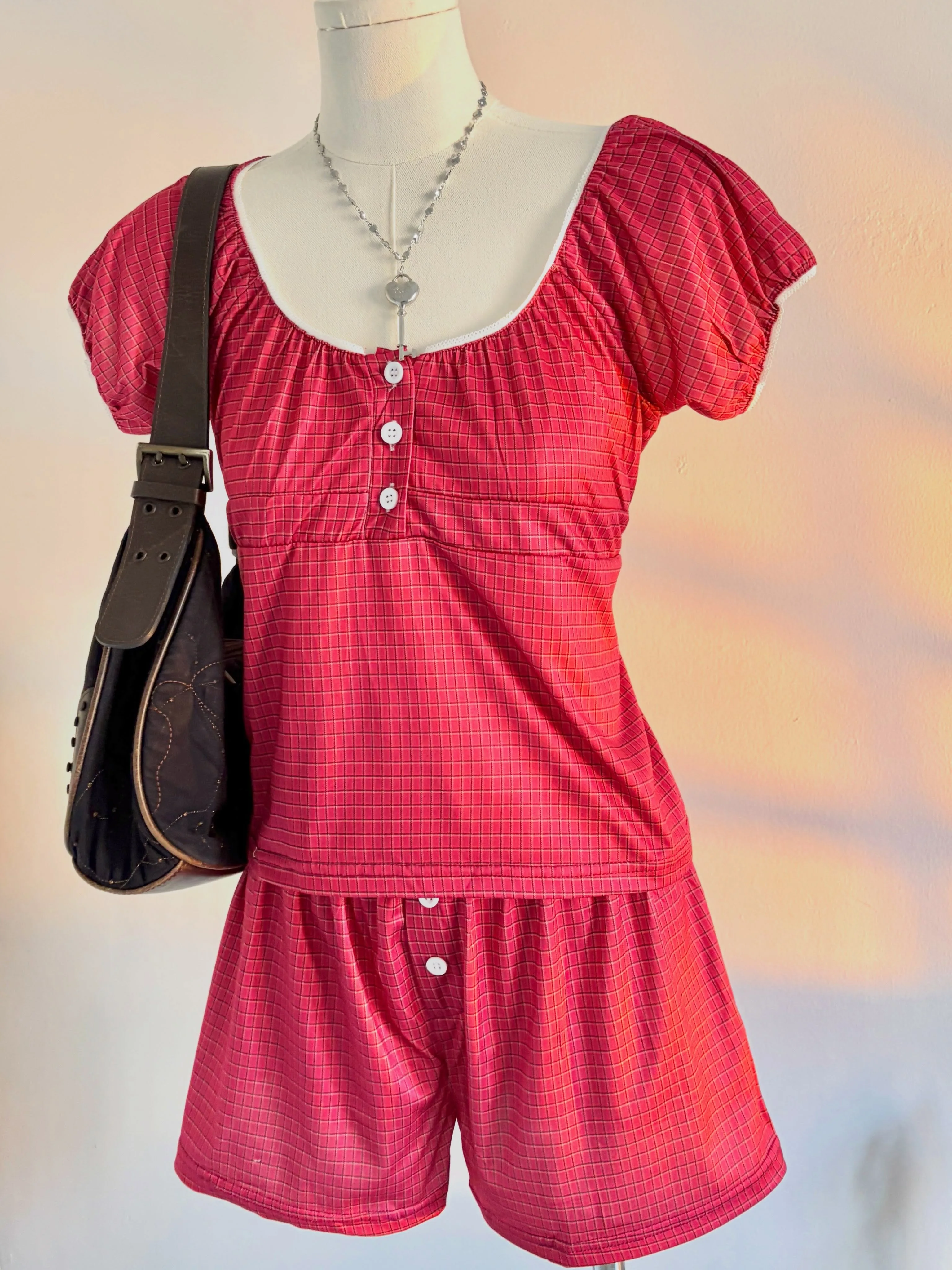 Vintage Red Plaid Puff Sleeve Square Neck Two Piece Set Women Button Decor Crop Top High Waist Shorts Y2K Coquette Casual Outfit