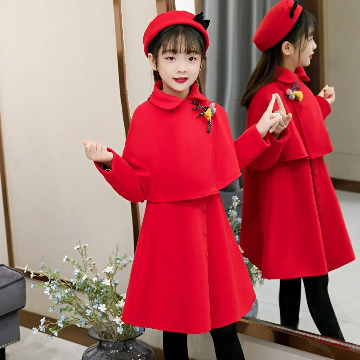 Meninas vestidos casuais vestido de verão + capa + chapéu 3 pçs define roupas da menina da criança terno de lã crianças vestidos para meninas roupas de inverno