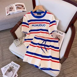 Shorts Sets Loose Korean Style Short Sleeve Striped T-shirt and Lace-up Elastic Waist Pants Two Piece Sets Casual Women Clothing
