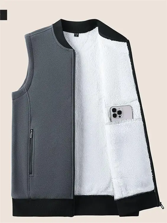 Herren Winterweste, ärmellos, Stehkragen, einfarbig, Fleece, dick, warm halten, Übergröße, Nackenschutz, Winterweste für den Alltag – Detail 15