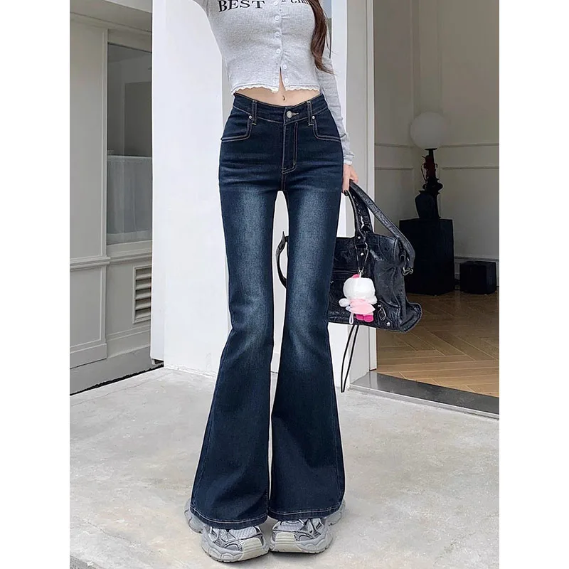 

Deep Blue Elasticity Jeans for Women Fashion Slim Fit Washed Denim Flared Pants Ladies Vintage Streetwear Y2K Cowboy Trousers