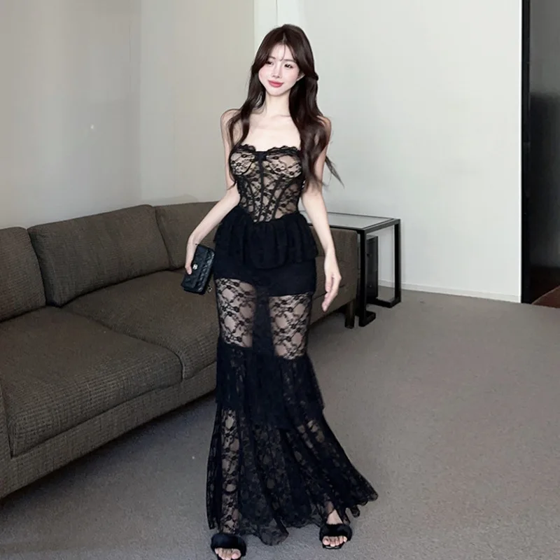 

Sexy hottie lace sheer bandeau mermaid dress slim fit