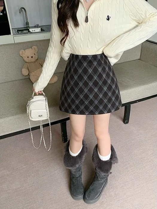 

Женская юбка больших размеров с высокой талией, А-силуэт, зимняя/осенняя, в клетку, шерстяная, с ромбовидным узором, стройнящая, для офиса/повседневная