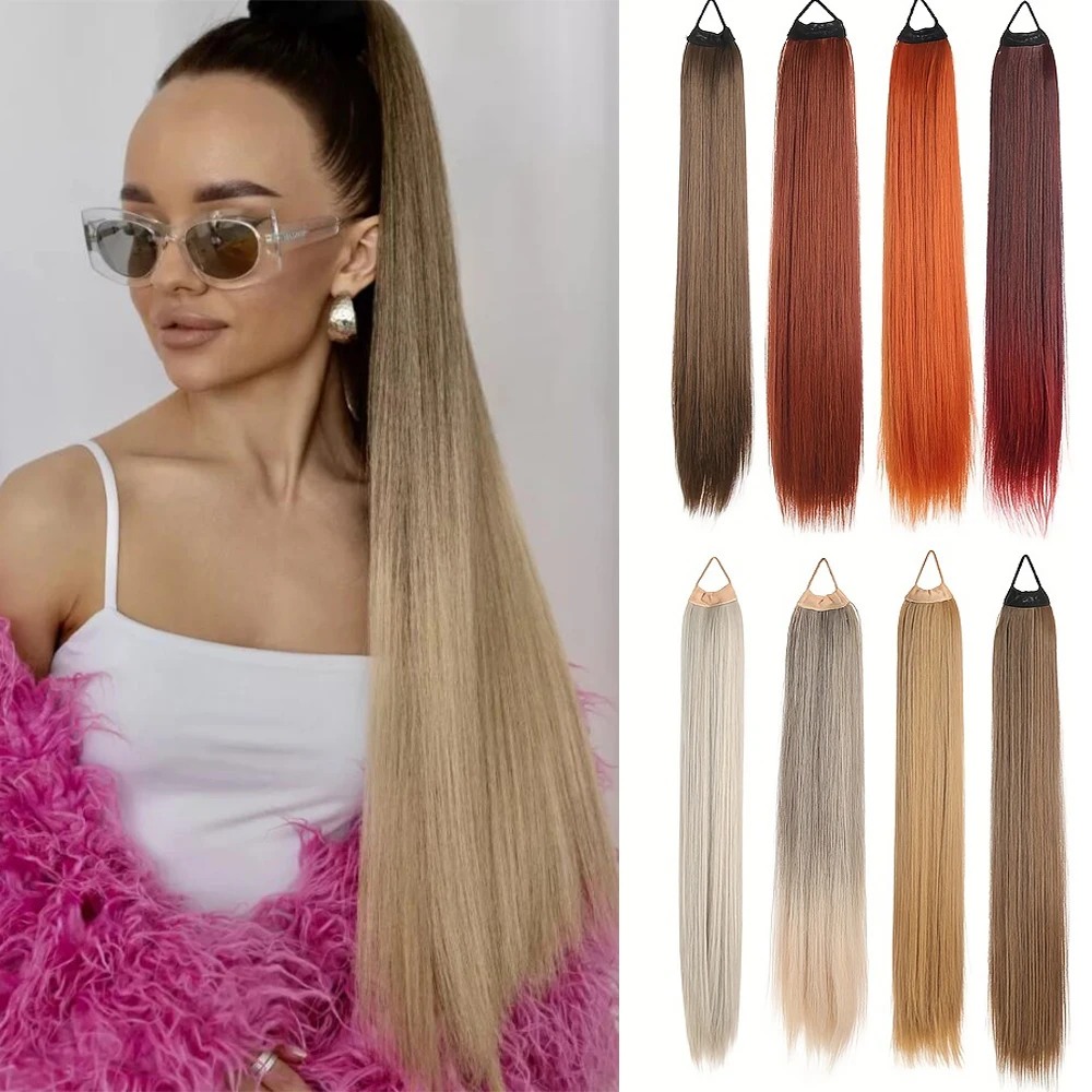 

28 Inch Synthetic Ponytail Extensions Blonde Brown Braided Pony Tail Hairpiece Long Straight Rubber Band Hair For Women