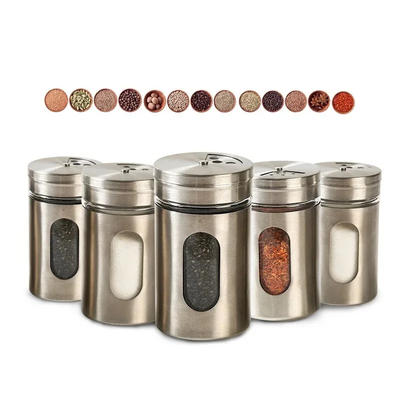 Stainless Steel Spice Jars Seasoning Cans Rotate Cover Salt Pepper Shakers Toothpick Condiment Storage Bottle Kitchen Spice Rack