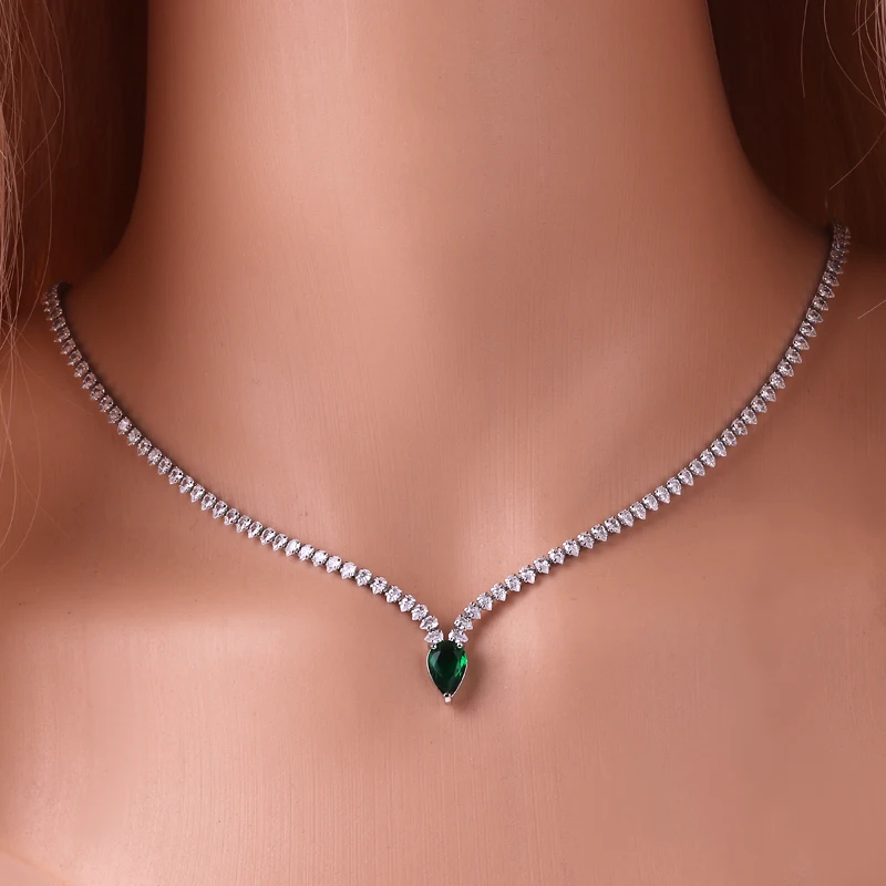 High Quality Iced Out Chain Water Drop Cubic Zirconia Light Blue Necklace for Women 18K Gold Plated Bridal Wedding Party Jewelry