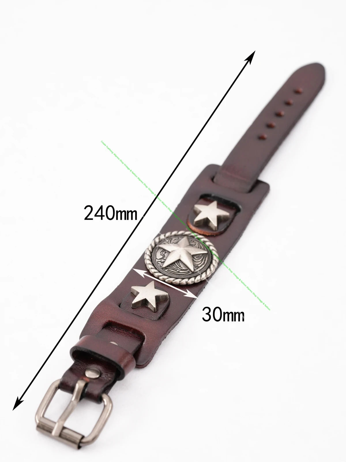 Star Button Style Metal Studded Genuine Punk Quality Wide Cowhide Leather Bracelet Cuff Wristband Bangle Brown
