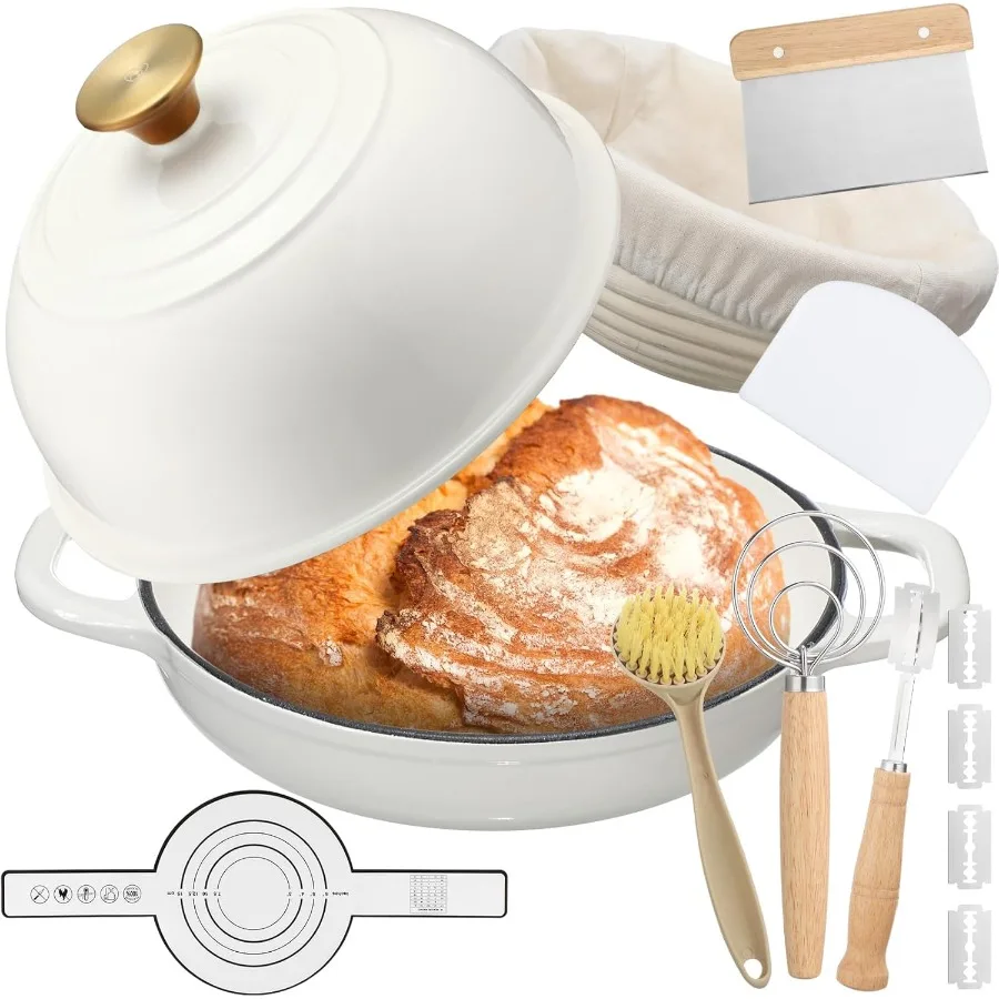 

8 Pcs Enameled Bread Dutch Oven with Lid for Sourdough Baking Enameled Cast Iron Dutch Pot with Bread Proofing Basket Complete