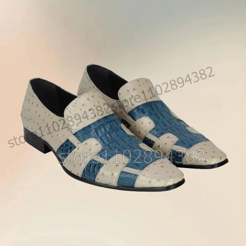 

Blue Beige Alligator Ostrich Print Men Loafers Fashion Slip On Male Shoes Luxury Handmade Party Banquet Office Men Dress Shoes