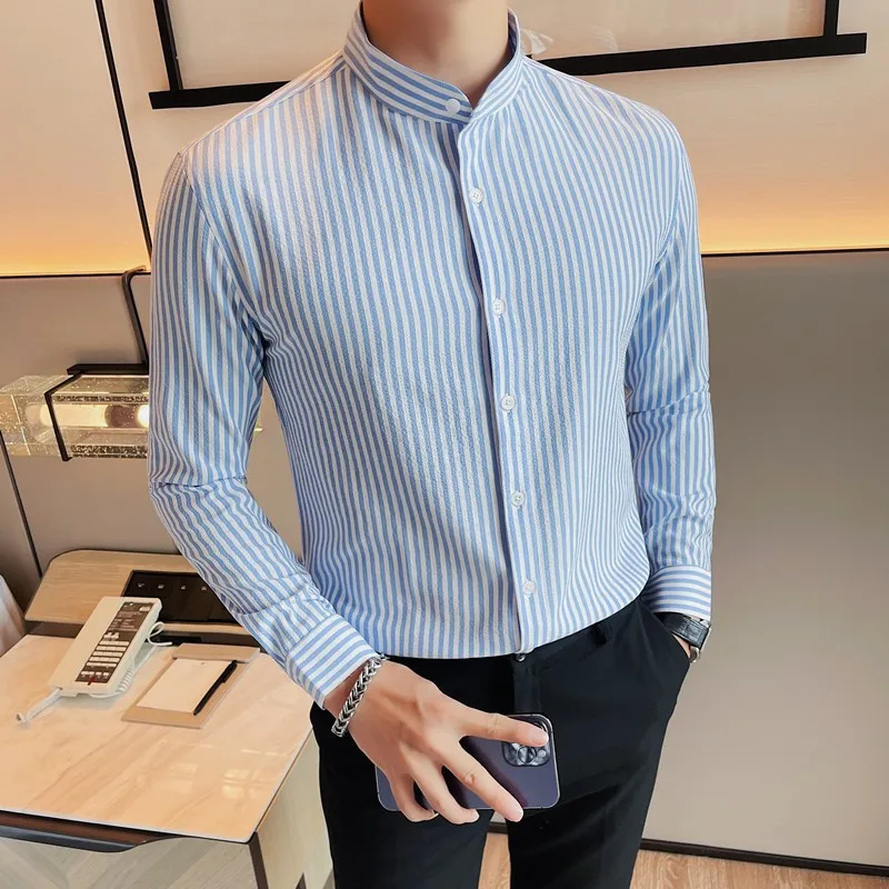 

Spring Autumn 2025 New Fashion Men's Basic Striped Stand Collar Long Sleeve Casual Trendy Loose Business Shirt Male Clothes Tops