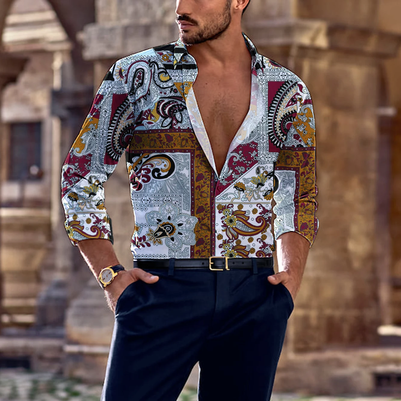 Men Summer Fashion New Long-Sleeved Shirt Cashew Flower 3D Printing Business Leisure Party single Breasted Hawaiian Beach Shirt