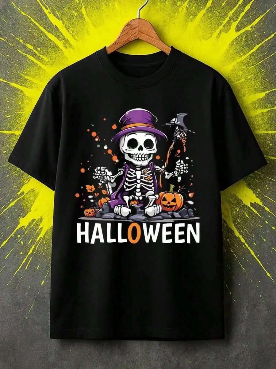 1Pc Men's Funny Skeleton Graphic T-Shirt 180Gsm Heavyweight Quick-Dry Black Tee With Spooky Dancing Skeletons, 100% Cotton
