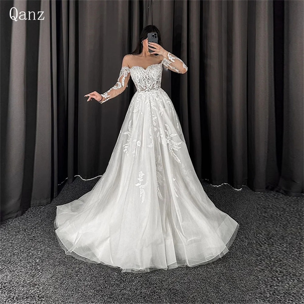 Qanz Beach Wedding Dresses Delicate Lace Appliques Bridal Gowns Long Sleeves Tulle Floor Length Vestido De Casamento Luxuoso