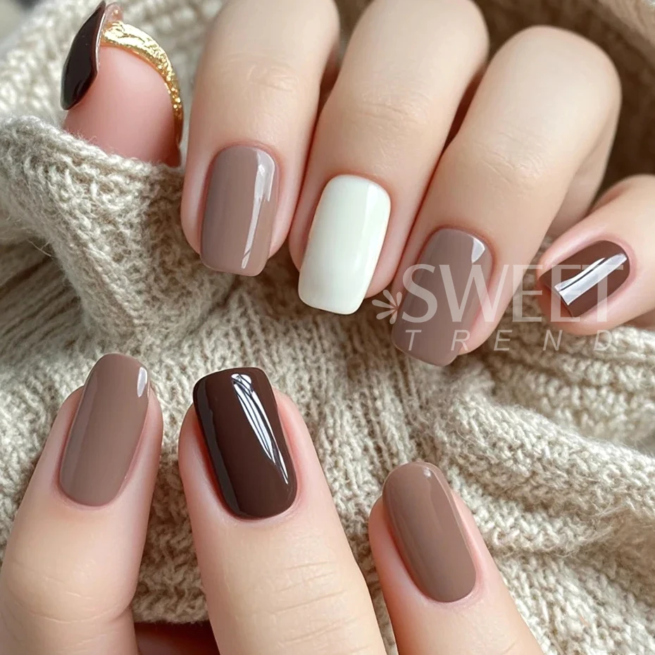 288 Pcs Short Square Round Shaped 12 Colors Full Coverage Glossy False Nails Coffee Brown Solid Color Press On Nails for Women