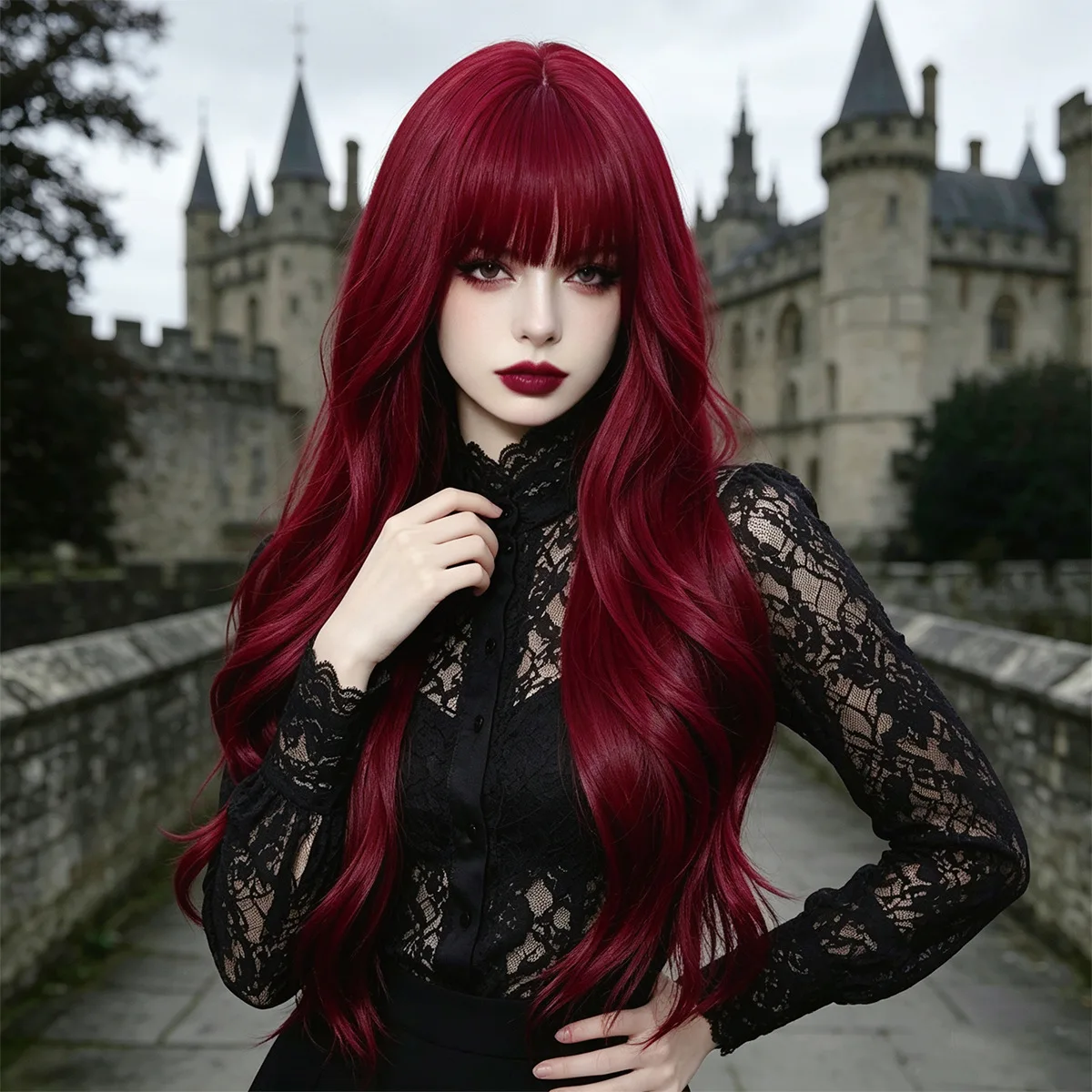 Red wine color synthetic wig with big waves for Halloween cosplay wig, character play wig, party wig, daily wig set