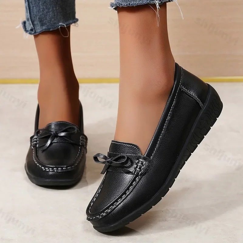 Women's Shoes Nurse's Shoes Lightweight Comfortable Non Slip Designer PU Leather Bow Plus Size 44 Casual Walking Zapatos Mujer