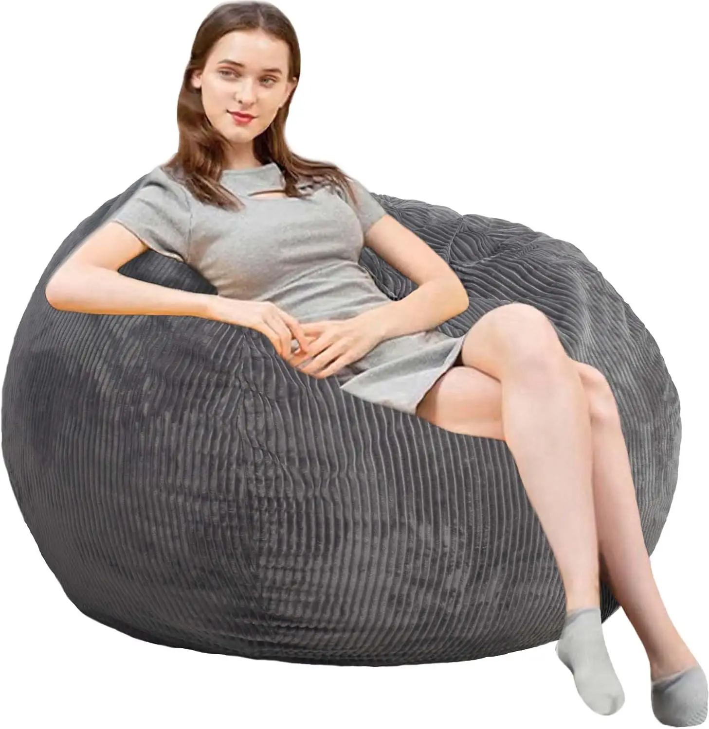 

3Ft Luxurious Faux Rabbit Fur Memory Foam Bean Bag Chair for Adults and Teens, Ultra Soft Round Sofa in Grey