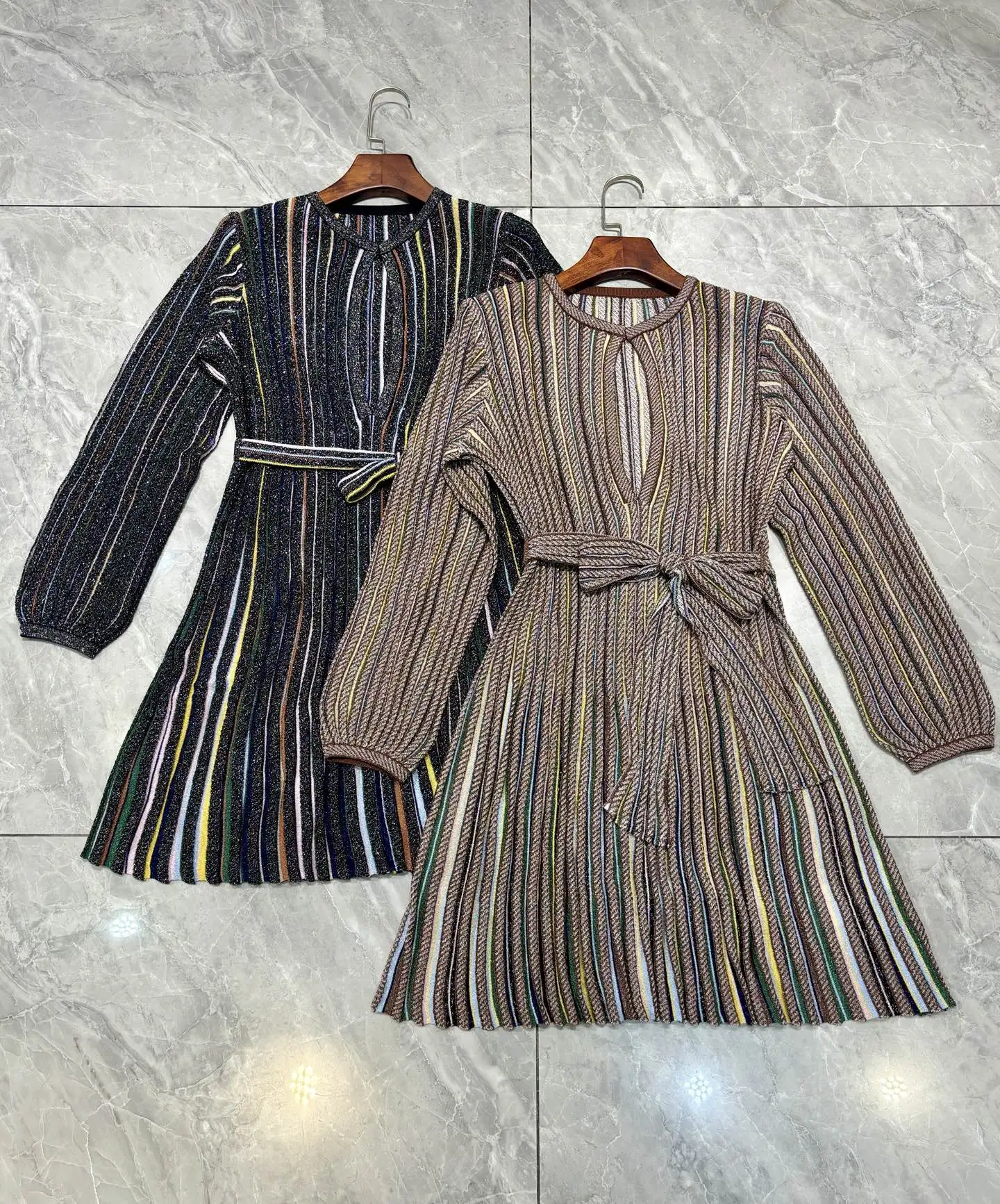 2026 New Women's Sequins Striped Knitted Dress Hollow Out O-Neck Long Sleeve High Waist Fashion Mini Robe