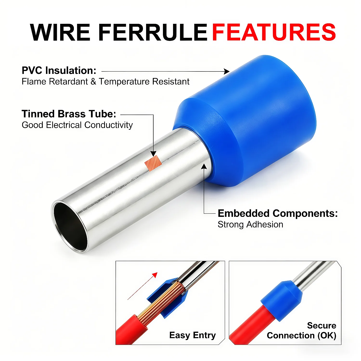 100 Stück Isolierte Kabelendverschlüsse, AWG 22-6 Drahtklemmen, Crimpverbinder, E7508/E1008/E1508/E2508/E4009/E6012/E10-12/E16-12 – Detail 3