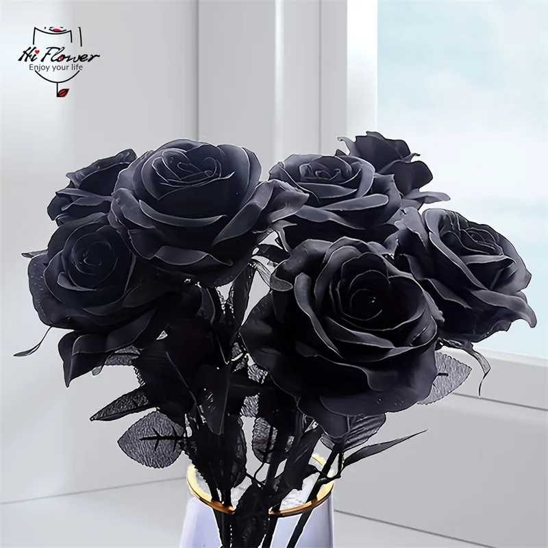 

3/6PCS Silk Artificial Roses Black and White Flower Halloween Gothic Flowers Boho Wedding Home Party Fake Flower Room Decor﻿