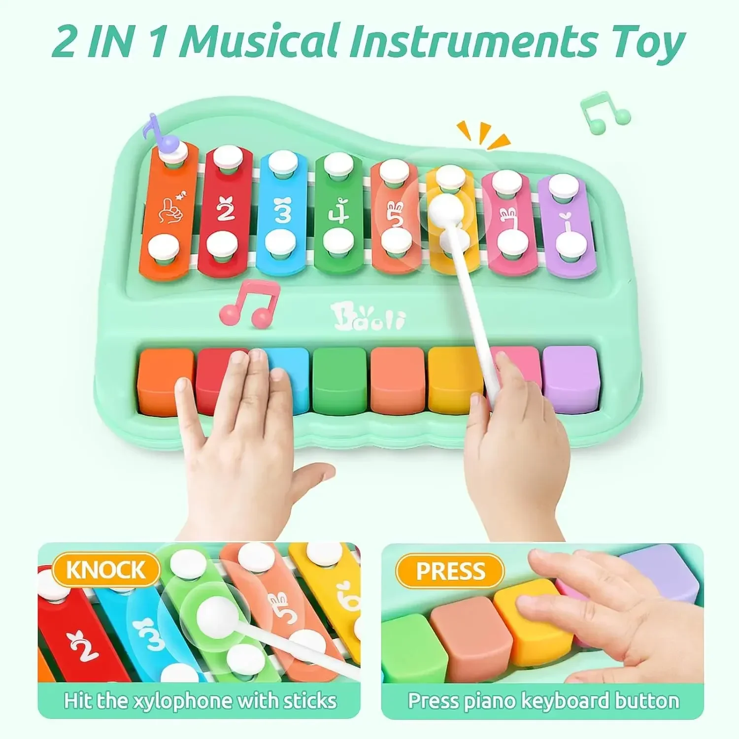2-In-1 Baby Piano Xylophone Toy for Toddlers Multicolored Key Keyboard Preschool Educational Musical Learning Instruments Toy
