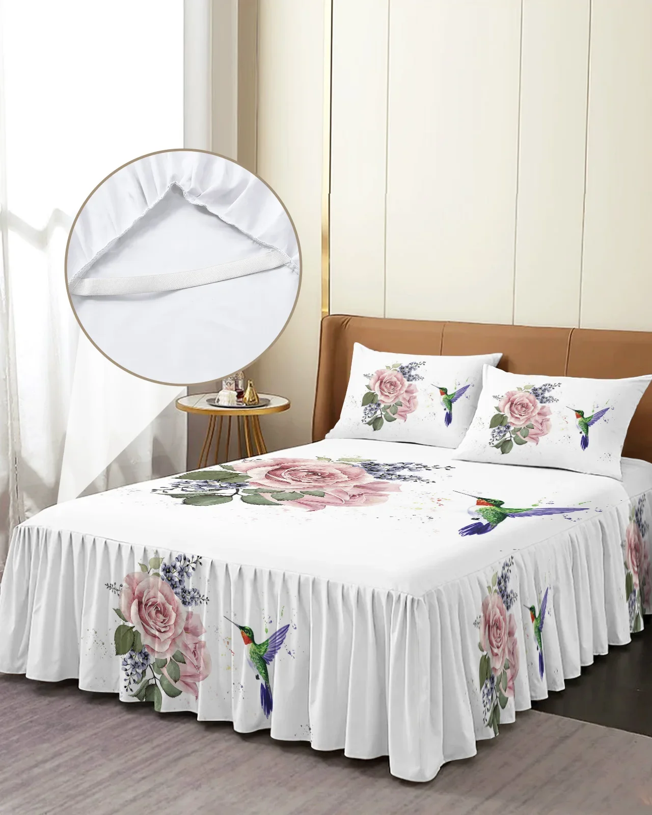 Hummingbird Pink Flower White Bed Skirt Elastic Fitted Bedspread With Pillowcases Mattress Cover Bedding Set Bed Sheet