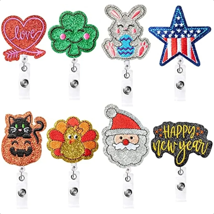 

8Pcs Holiday Badge Reels Love Heart Clover Bunny Embroidered Retractable Felt Name ID Card Decorative Badge Holders with Alliga