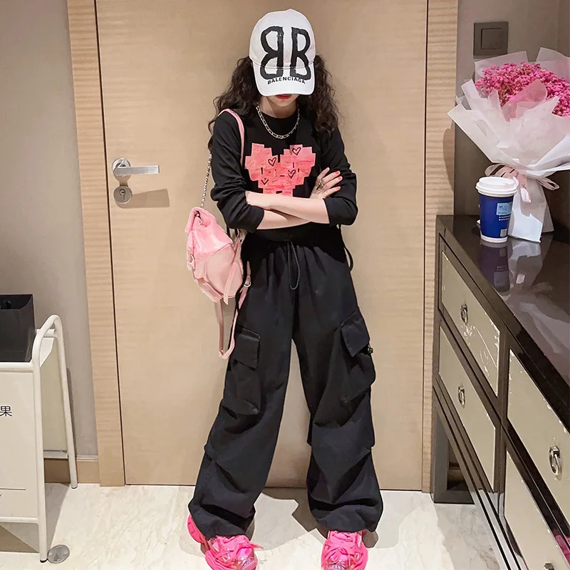 Teen Girls Clothes Set Cotton Love Tops T-shirt+Causal Cargo pants 2pcs Suit Children Outfits Tracksuits Kids 4 6 8 10 12 14Year