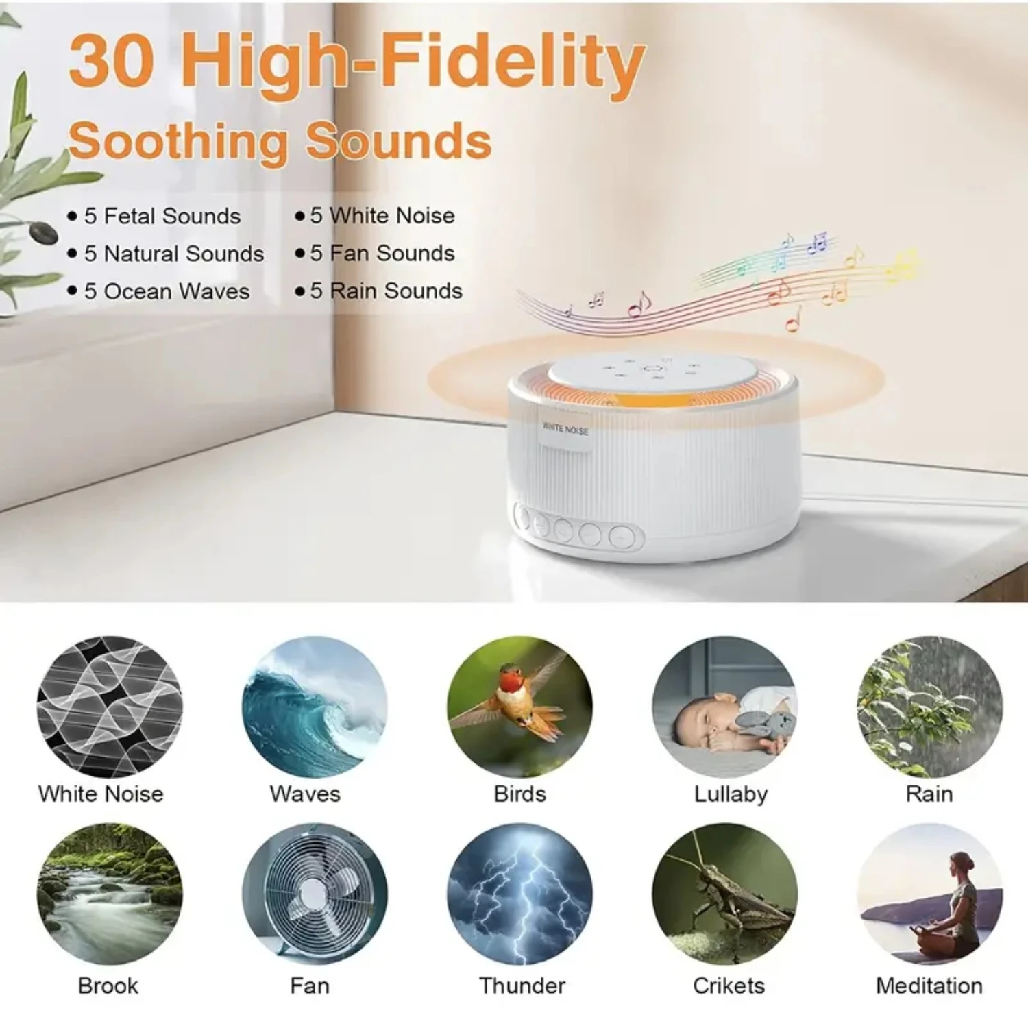 White Noise Machine, 30 Non-looping Sounds, 36-Level Volume, Memory Function, Timer, Touch Night Light Sound Machine for Adults 