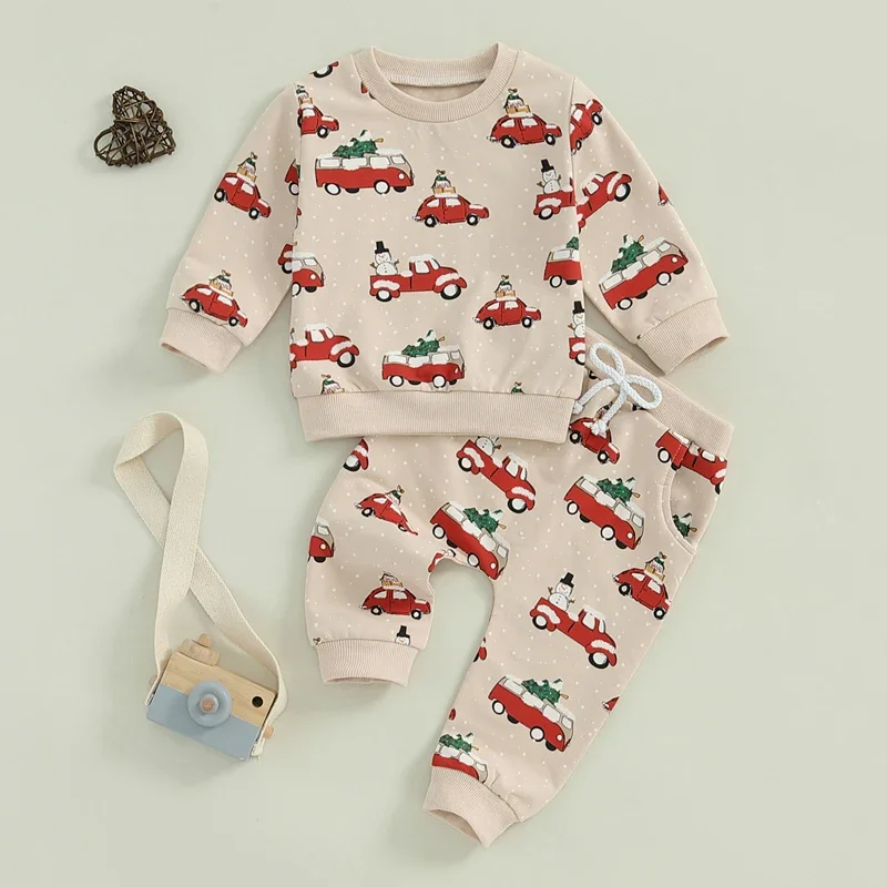 Baby Girl Boy Christmas Clothes Set Toddler Girl Tracksuit Long Sleeve Snowman Vehicle Print Sweatshirt Elastic Pant 2PCS Outfit