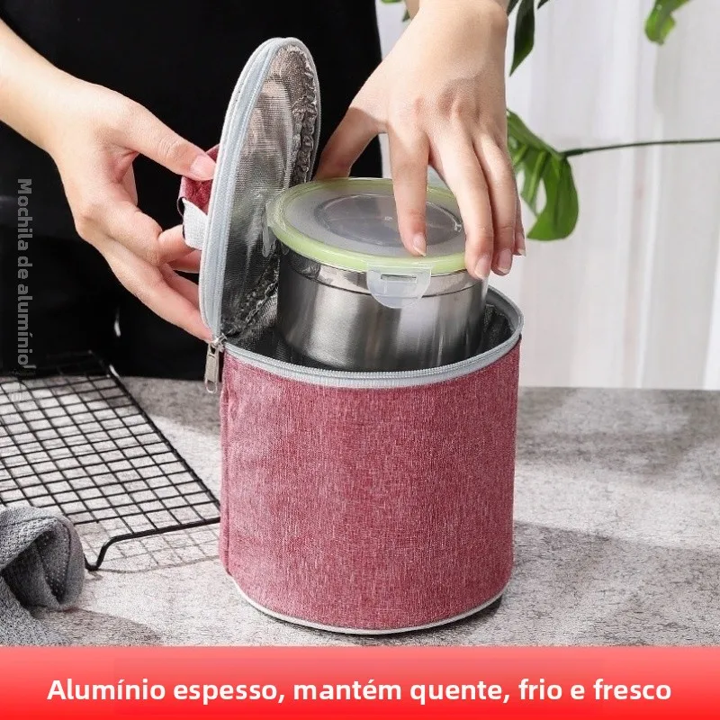 厚手アルミ箔断熱ランチバッグ丸型携帯ハンドバッグ、オフィスワーカー向け加熱ベルト付きコットンバッグ